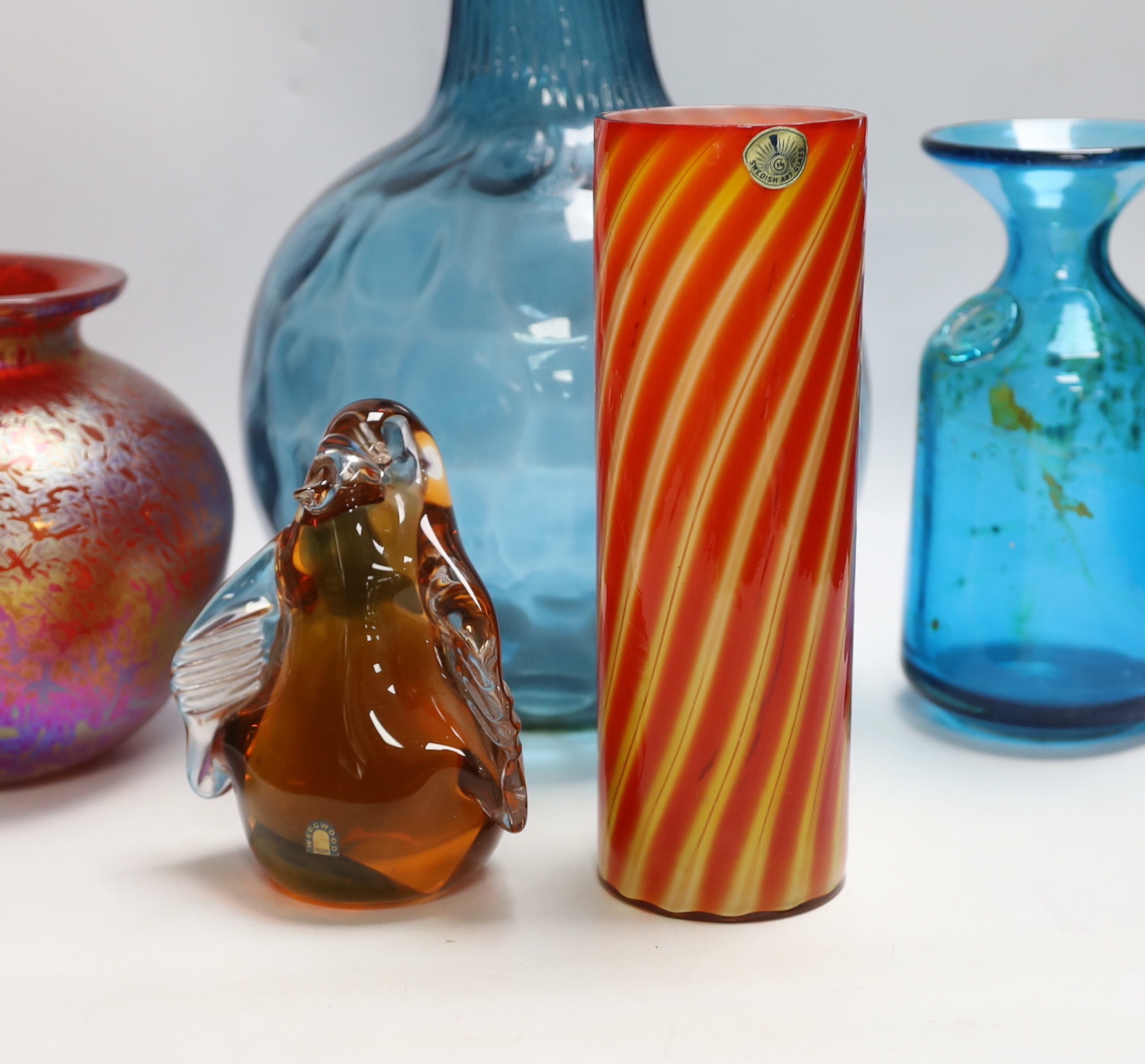 Nine pieces of art glassware including Royal Brierley vase and Wedgwood paperweight, largest 49cm high